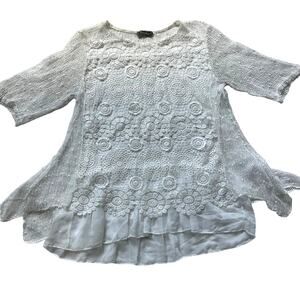 Froccella White, Flower Crocheted/Lace, Quarter Sleeve, Boho/Peasant Top- L